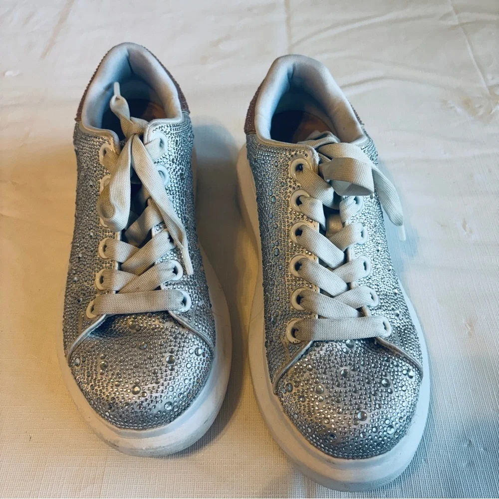 Silver Crystal Embellished Platform Sneakers